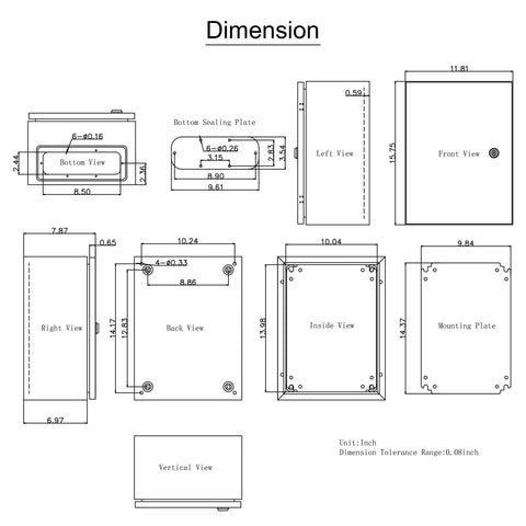 Dimension diagram of Built Like A Tank Nema 4X Steel Electrical Enclosure With Drip Free Ip66 Sealing and heavy duty frame.