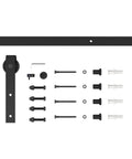 48 Inch By 84 Inch 5 Lite Tempered Frosted Glass Sliding Barn Door With Black Finish Composite Interior Hardware Kit And Rail System Left Or Right Mount Easy Assembly Dope Modern Farmhouse Vibe hardware components layout.