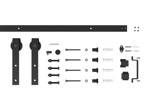 48 Inch By 84 Inch 5 Lite Tempered Frosted Glass Sliding Barn Door With Black Finish Composite Interior Hardware Kit And Rail System Left Or Right Mount Easy Assembly Dope Modern Farmhouse Vibe hardware components layout.