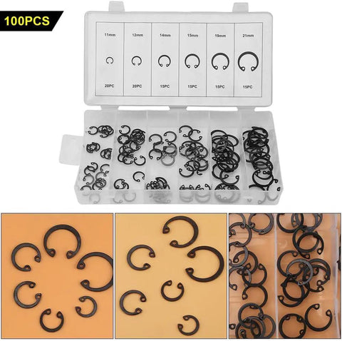 Circlip Retaining Ring Kit 100 Piece Set In 6 Sizes From 11mm To 21mm Snap Ring Assortment in case, various ring sizes visible.