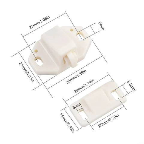 Five Pack Door Roller Catch Set With Spring Loaded Strike In White ABS For Cabinets And Closets with measurements labeled
