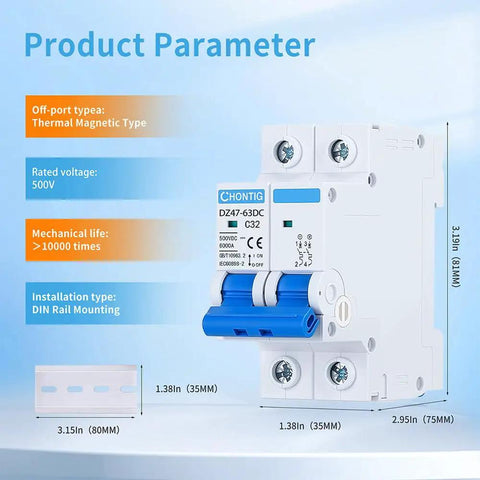 32 Amp DC Circuit Breaker Two Pole 500V Solar PV Disconnect Switch With Thermal Magnetic Trip DIN Rail Mount Isolator C32 front view