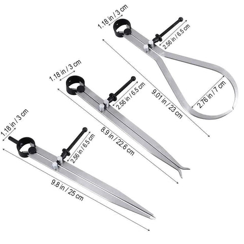 Big Horn 19053C 3-piece 8-inch metal caliper/divider set, multi-view.