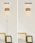 Two-Light Plug-In Or Hardwire Wall Sconce With Matte White Fabric Shade And Natural Rattan Accent in bedroom setting
