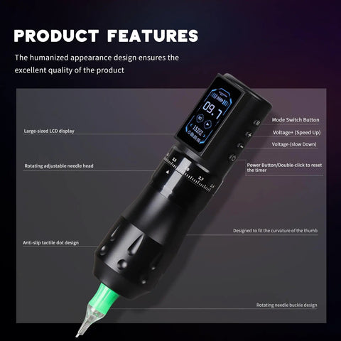 Close-up of Wireless Tattoo Pen Kit With 2000mAh Cordless Battery Pro Style Practice Set Including 20 Cartridges display