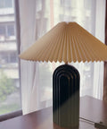LED Bedside Table Lamp With Pleated Shade Cream Ceramic Retro Rural Style Ambient Light For Bedroom Living Room Porch Or Office