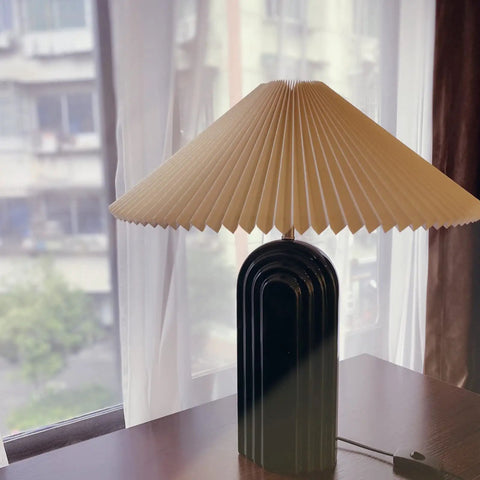 LED Bedside Table Lamp With Pleated Shade Cream Ceramic Retro Rural Style Ambient Light For Bedroom Living Room Porch Or Office