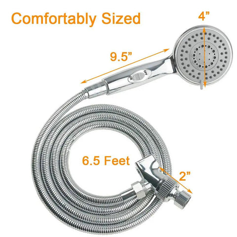 Go To Handheld Shower Head With On Off Switch 5 Spray Settings 6.5 Foot Extra Long Hose High Pressure Water Flow Kit