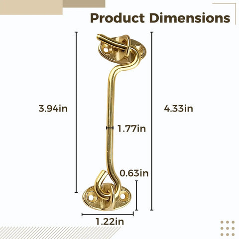 Two Pack Solid Brass Swivel Pivot Eyelet Latches For Windows And Cabinets 4.3 Inch dimensions displayed against white background.