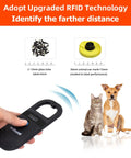 Upgraded Pet Microchip Scanner With 256 Data Storage, multi protocols, hands holding chip ID reader, cat and dog nearby