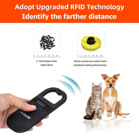 Upgraded Pet Microchip Scanner With 256 Data Storage, multi protocols, hands holding chip ID reader, cat and dog nearby