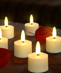 USB Rechargeable 3D Wicks Tealight Candles Flameless Flickering Battery Operated With Remote Control And Timer glowing on table.