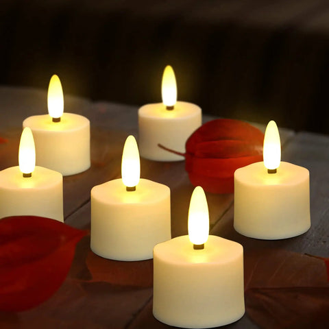 USB Rechargeable 3D Wicks Tealight Candles Flameless Flickering Battery Operated With Remote Control And Timer glowing on table.