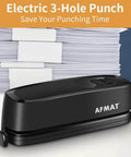 Electric 3 Hole Punch For Binders, 20 Sheet Capacity, Quick Start Button, black design, with stack of papers in background