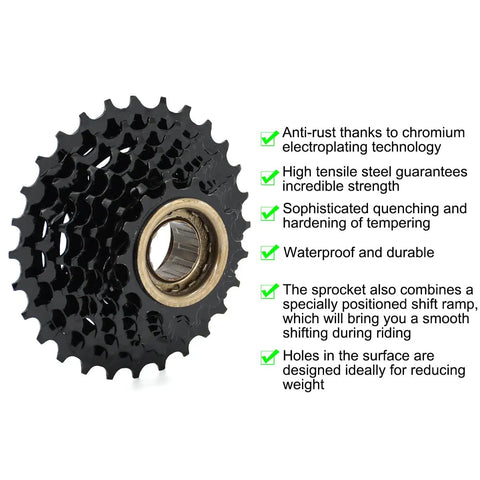 Image of 7 Speed Bike Freewheel 14 To 28 Teeth For Shimano And SRAM, corrosion resistant, black sprocket with metal hub.