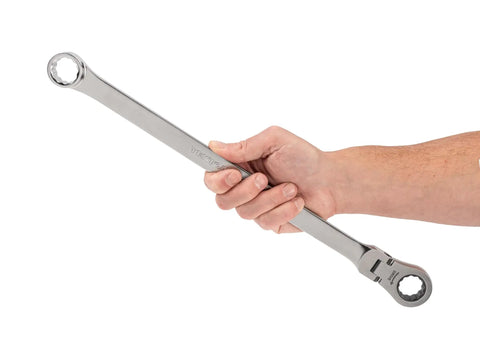 Hand holding 22 mm Long Fixed And Flex Head 12 Point Ratcheting Box End Wrench With Dual Head Design For Tight Spaces in studio