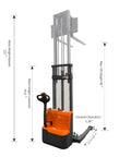 Lightweight Full Electric Pallet Stacker showing dimensions with 98 inch lift height and adjustable forks for warehouse use.