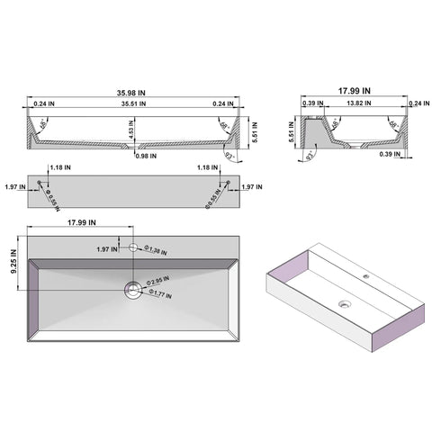 HAOCHRYSYPH Wall Mount Sink, Solid Surface, Matte White, 36 x 18 in. dimensions and design layout for installation.