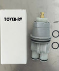 Front view of RP46074 Delta shower valve cartridge: gray plastic body, brass stem, two black O-rings, TOVEN-RV box.
