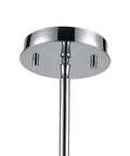 Close-up of polished chrome ceiling mount for Five-Light Glass Crystal Chandelier In Polished Chrome 24 Inch Wide Hardwired Ceiling Mount Fixture With Dazzling Deep-Ridged Crystal Shades For Bright Modern Dining Room Vibe