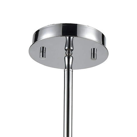 Close-up of polished chrome ceiling mount for Five-Light Glass Crystal Chandelier In Polished Chrome 24 Inch Wide Hardwired Ceiling Mount Fixture With Dazzling Deep-Ridged Crystal Shades For Bright Modern Dining Room Vibe