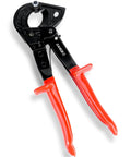 Heavy Duty Ratchet Cable Wire Cutter Chops Copper And Aluminum Like A Hot Knife Through Butter Quick Release Lever with red grips.