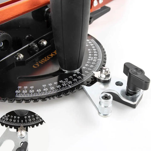 Next Level Miter Gauge with 22-to-36-Inch Extension Fence and 27 Positive Angle Stops detailed angle stop dial and adjusting knob.