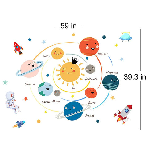 Cosmic Space Planet Wall Decals For Kids Educational Wall Stickers, solar system design with planets, sun, rockets, and astronaut, 59 x 39.3 in