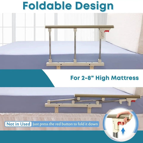 Foldable Stainless Steel Bed Rail Guard for Elderly and Disabled shown on 2-8 inch high mattress, white and silver, folded view