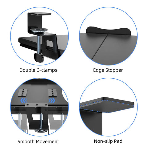 Under Desk Keyboard Tray With C Clamp Mount, Slide Out Keyboard And Mouse Platform, 20 Inch, black tray with clamps detail