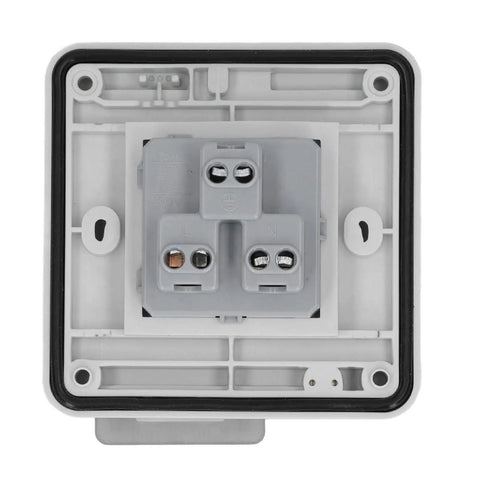 Built Tough Heavy Duty US Standard Waterproof Electrical Socket 127V 15A Industrial IP66 Outlet showing grey box with terminals.