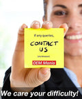 Person holding yellow sticky note with 'Contact Us' message and OEM Mania logo