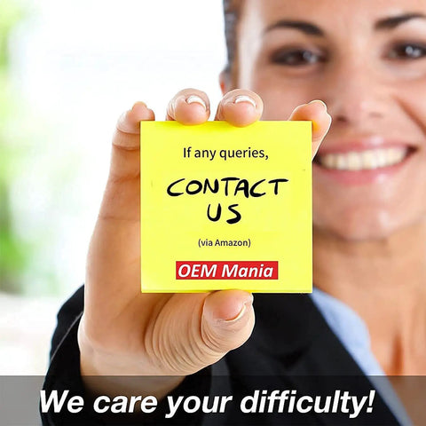Person holding contact us sign with yellow background and OEM Mania label, "We care your difficulty!" text at the bottom.