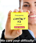 Smiling person holding a yellow sticky note reading 'If any queries, contact us (via Amazon) OEM Mania' with a focus on customer service.