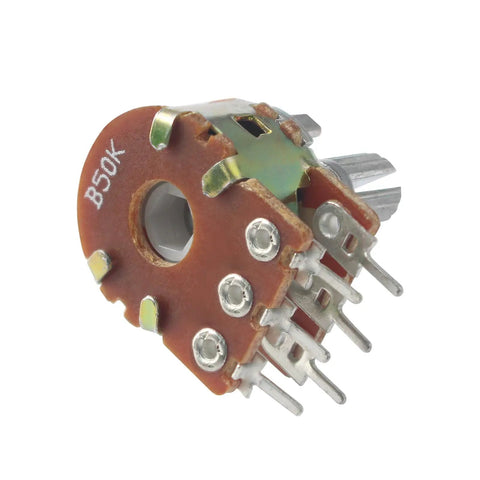 Close-up of a WH148 50K potentiometer with 6 pins, 15mm shaft, showing metal casing for audio volume control, light dimming, motor speed regulation.