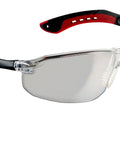 Clear safety glasses with red and black arms, featuring scratch-resistant lenses and a wraparound design for secure fit.