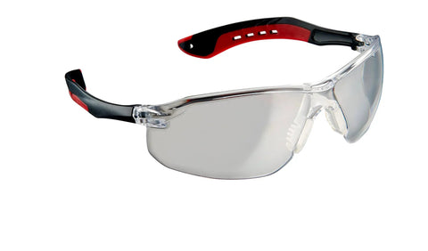 Clear safety glasses with red and black arms, featuring scratch-resistant lenses and a wraparound design for secure fit.