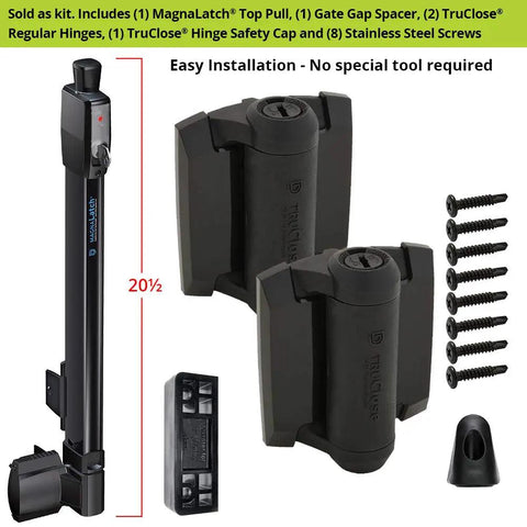 Heavy Duty Pool Safety Gate Kit Featuring Top Pull Self Latch And Dual Hinges Includes Safety Cap Plus Gap Spacer components and screws.