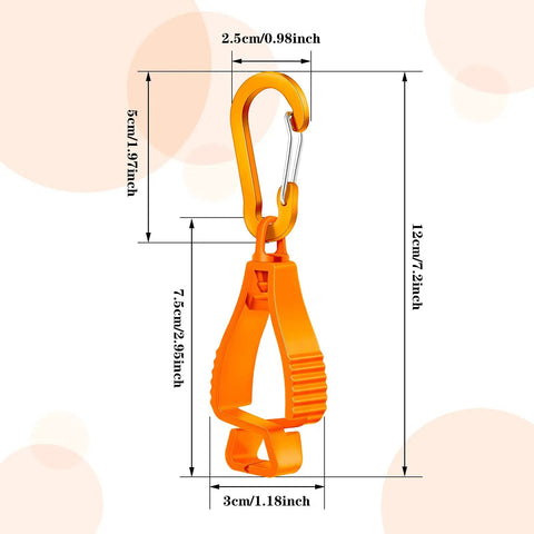 Orange Six Pack Glove Clips For Work Belt Loop And Pants with measurements for durable plastic clip and keyring.