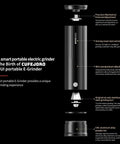 Portable Electric Coffee Burr Grinder With 50g Capacity And Magnetic Cover Aluminum Alloy Body, top view showing adjustable settings.