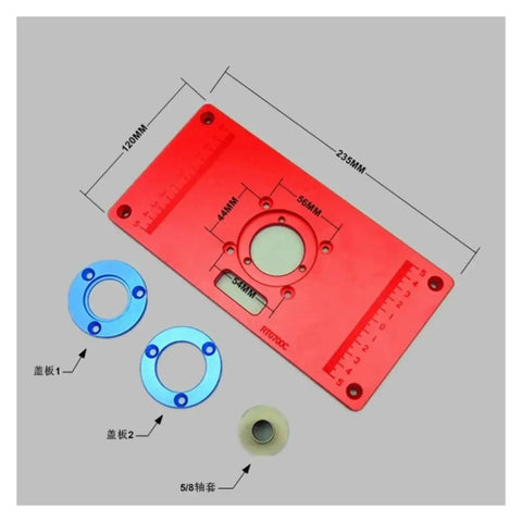 Premium Aluminum Router Table Insert Plate With Precision Center Bushing, red, with round bushings for router alignment.