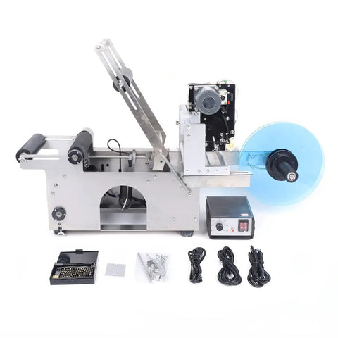 Resfirme 100W Semi-Automatic Round Labeling Machine For Jars And Bottles With High Speed 20-40 Pcs Per Min, stainless steel body and motor.