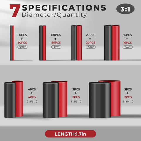 Chart showing 3 To 1 Heat Shrink Tubing Kit With Adhesive Liner Marine Grade Shrink Wrap Black And Red in 7 sizes for wiring.