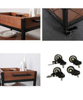 Three Tier Solid Pine and Steel Kitchen Cart with Built In Bottle Rack Industrial Vintage Rolling Utility Shelf Heavy Duty No Nonsense Roomside Storage Organizer featuring wood shelves and metal wheels.