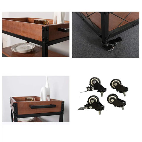 Three Tier Solid Pine and Steel Kitchen Cart with Built In Bottle Rack Industrial Vintage Rolling Utility Shelf Heavy Duty No Nonsense Roomside Storage Organizer featuring wood shelves and metal wheels.