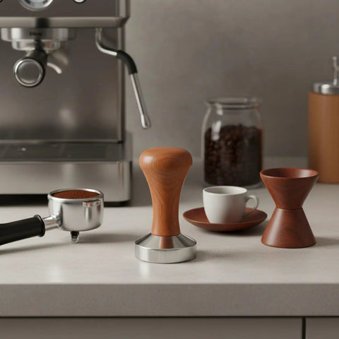 Top Shelf Espresso Coffee Tamper With Polished Stainless Steel Base And Sturdy Wooden Grip on a countertop next to espresso tools.