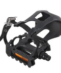 9/16 Inch Bike Pedals With Toe Clips And Straps For Mountain, Road And Exercise Bikes, Durable PP Plastic Pedals, 1 Pair, Get A Tight Grip And Easy Install shown from a side angle.