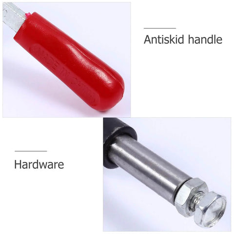 Close-up of Beefy 42mm Stroke Push Pull Toggle Clamp With Quick Release, showing red antiskid handle and metal hardware for workholding.