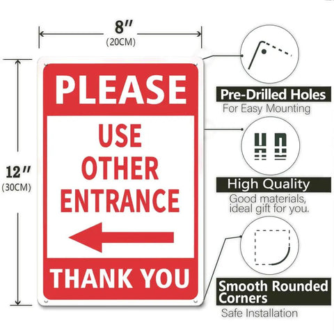 Other Entrance Sign With Left Arrow 8 By 12 Inch Metal Entrance Sign For Business Parking Lot Warehouse Home Outdoor Indoor Waterproof And UV Resistant Double Sided With Pre Drilled Holes, red sign
