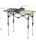 Three Foot Roll Top Aluminum Camping Table With Two Adjustable Heights, Lightweight Fold Up Design, dimensions shown, black.